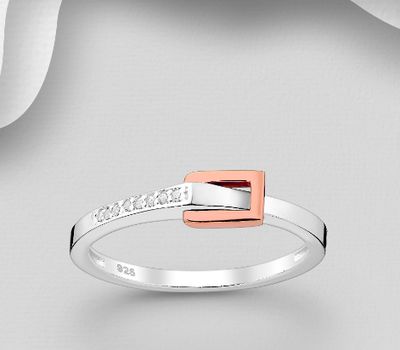 925 Sterling Silver Belt Ring, Buckle Plated with 1 Micron Pink Gold, Decorated with CZ Simulated Diamonds