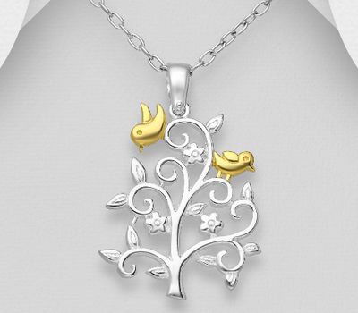 925 Sterling Silver Birds on a Swirly Tree Pendant, Birds Plated with 1 Micron 18K Yellow Gold