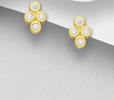 Şəkli böyütmək üçün tiklayın 925 Sterling Silver Push-Back Earrings, Decorated with CZ Simulated Diamonds, Plated with 1 Micron 14K or 18K Yellow Gold