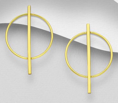 Şəkli böyütmək üçün tiklayın 925 Sterling Silver Circle and Bar Push-Back Earrings, Plated with 1 Micron 18K Yellow Gold