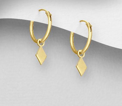 925 Sterling Silver Hoop Earrings with Rhombus Charm, Plated with 0.25 Micron 18K Yellow Gold