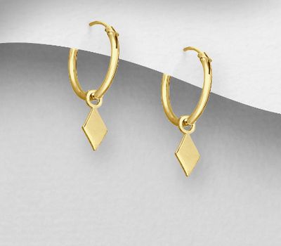 Şəkli böyütmək üçün tiklayın 925 Sterling Silver Hoop Earrings with Rhombus Charm, Plated with 0.25 Micron 18K Yellow Gold