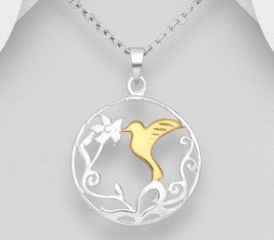 925 Sterling Silver Bird and Leaf Pendant, Bird Plated with 1 Micron 14K or 18K Yellow Gold