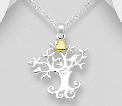 925 Sterling Silver Tree of Life Pendant, Heart Plated with 1 Micron 18K Yellow Gold