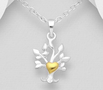 925 Sterling Silver Tree of Life Pendant, Heart Plated with 1 Micron 14K or 18K Yellow Gold