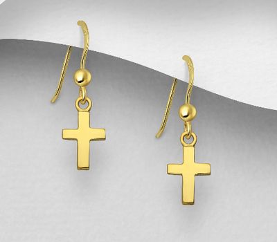 925 Sterling Silver Cross Hook Earrings, Plated with 1 Micron 18K Yellow Gold
