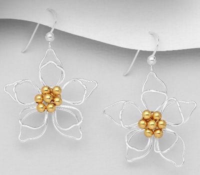 925 Sterling Silver Flower Hook Earrings, Pollen Plated with 1 Micron 18K Yellow Gold