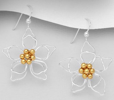 Şəkli böyütmək üçün tiklayın 925 Sterling Silver Flower Hook Earrings, Pollen Plated with 1 Micron 18K Yellow Gold
