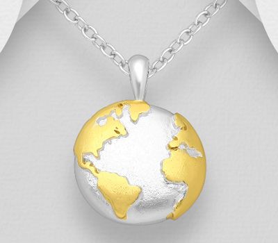 925 Sterling Silver World Map Pendant, Decorated with 1 Micron 14K or 18K Yellow Gold