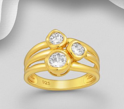 925 Sterling Silver Ring Decorated with CZ Simulated Diamonds, Plated with 1 Micron 18K Yellow Gold