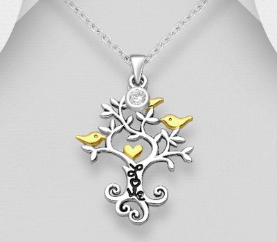 925 Sterling Silver Oxidized Tree Pendant, Decorated With CZ Simulated Diamond, Bird and Heart Plated with 14K Yellow Gold