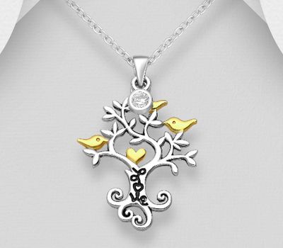 Şəkli böyütmək üçün tiklayın 925 Sterling Silver Oxidized Tree Pendant, Decorated With CZ Simulated Diamond, Bird and Heart Plated with 14K Yellow Gold