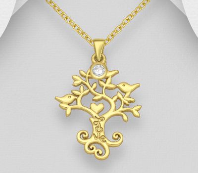 Malın səhifəsinə keç 925 Sterling Silver Tree , Bird and Heart Pendant, Decorated With CZ Simulated Diamond, Plated with1 Micron 14K Yellow Gold