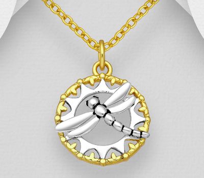 Şəkli böyütmək üçün tiklayın 925 Sterling Silver Oxidized Dragonfly Pendant, Circle Plated with 1 Micron 18K Yellow Gold