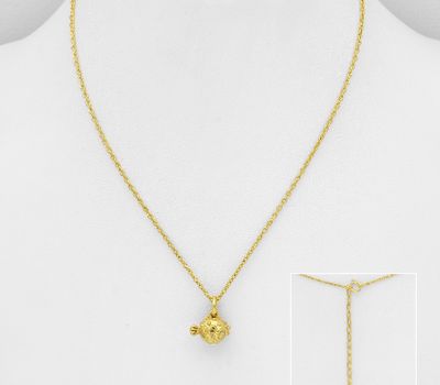 Şəkli böyütmək üçün tiklayın 925 Sterling Silver Puffer Fish Necklace, Decorated with 1 Micron 18K Yellow Gold