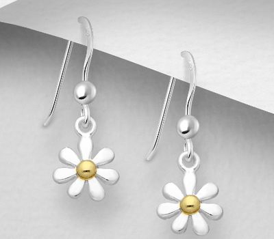 925 Sterling Silver Flower Hook Earrings, Pollen Plated with 1 Micron 14K or 18K Yellow Gold