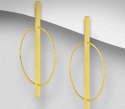 Şəkli böyütmək üçün tiklayın 925 Sterling Silver Bar and Circle Push-Back Earrings, Plated with 1 Micron 14K or 18K Yellow Gold