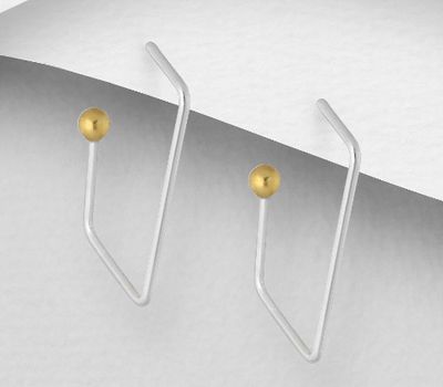 925 Sterling Silver Rectangle and Ball Push-Back Earrings, Ball Plated with 1 Micron 14K or 18K Yellow Gold