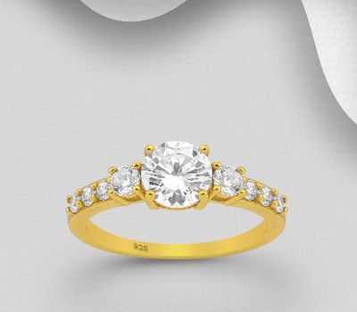 925 Sterling Silver Ring Decorated with CZ Simulated Diamonds, Plated with 1 Micron 18K Yellow Gold