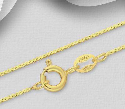 ITALIAN DELIGHT – 925 Sterling Silver Curb Chain, Plated with 1 Micron 14K or 18K Yellow Gold, 0.9 mm Wide, Made in Italy.