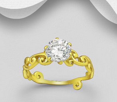 925 Sterling Silver Swirl Ring, Decorated with CZ Simulated Diamond, Plated with 1 Micron 18K Yellow Gold