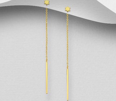 925 Sterling Silver Bar and Star of David Jacket Earrings, Plated with 1 Micron 18K Yellow Gold