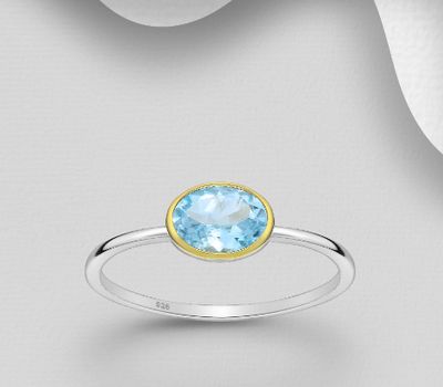 Desire by 7K - 925 Sterling Silver Solitaire Ring, Decorated with Sky-Blue Topaz, Bezel Plated with 0.3 Micron 18K Yellow Gold