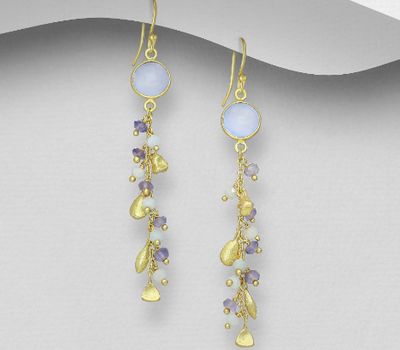 Desire by 7K - 925 Sterling Silver Hook Earrings, Decorated with Iolite, Light Chalcedony Jade and Milky Aquamarine, Plated with 0.3 Micron 18K Yellow Gold