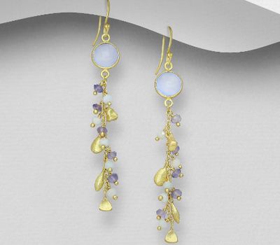 Şəkli böyütmək üçün tiklayın Desire by 7K - 925 Sterling Silver Hook Earrings, Decorated with Iolite, Light Chalcedony Jade and Milky Aquamarine, Plated with 0.3 Micron 18K Yellow Gold
