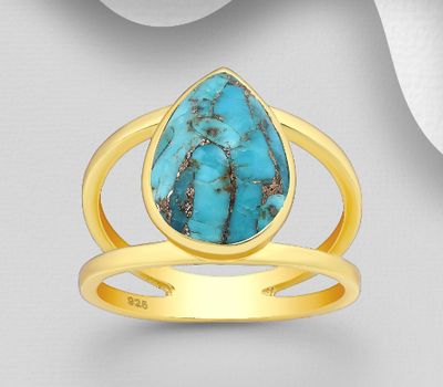 Desire by 7K - 925 Sterling Silver Solitaire Ring, Decorated with Droplet Reconstructed Copper Turquoise, Plated with 0.3 Micron 18K Yellow Gold