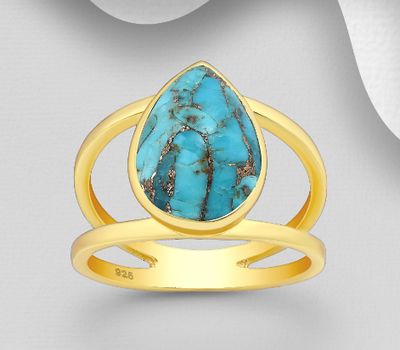 Şəkli böyütmək üçün tiklayın Desire by 7K - 925 Sterling Silver Solitaire Ring, Decorated with Droplet Reconstructed Copper Turquoise, Plated with 0.3 Micron 18K Yellow Gold