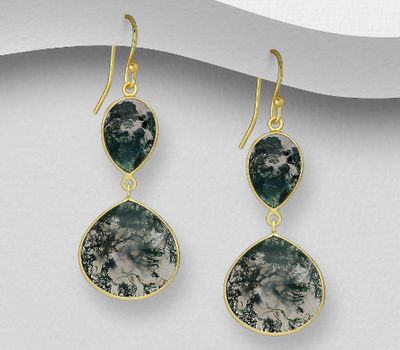 Desire by 7K - 925 Sterling Silver Hook Earrings, Decorated with Moss Agate, Plated with 0.3 Micron 18K Yellow Gold