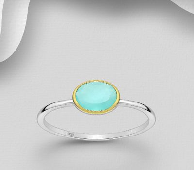 Desire by 7K - 925 Sterling Silver Solitaire Ring, Decorated with Lab-Created Aqua Chalcedony, Bezel Plated with 0.3 Micron 18K Yellow Gold