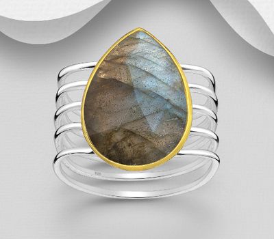 Desire by 7K - 925 Sterling Silver Droplet Solitaire Ring, Decorated with Labradorite, Bezel Plated with 0.3 Micron 18K Yellow Gold