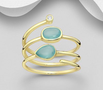 Desire by 7K - 925 Sterling Silver Ring, Decorated with Lab-Created Aqua Chalcedony, Plated with 0.3 Micron 18K Yellow Gold
