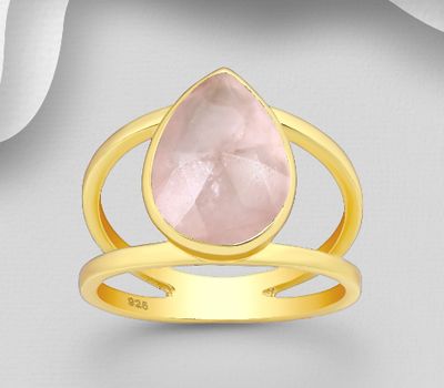 Desire by 7K - 925 Sterling Silver Solitaire Ring, Decorated with Droplet Rose Quartz, Plated with 0.3 Micron 18K Yellow Gold