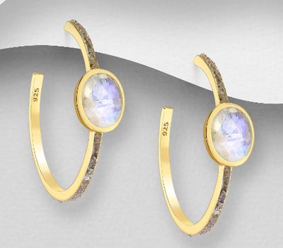 Desire by 7K - 925 Sterling Silver Push-Back Earrings, Decorated with Rainbow Moonstone and Labradorite, Plated with 0.3 Micron 18K Yellow Gold