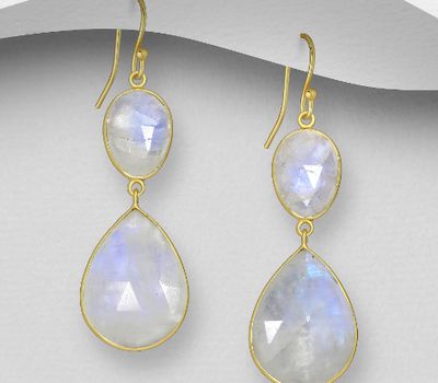 Desire by 7K - 925 Sterling Silver Droplet and Oval Hook Earrings, Decorated with Rainbow Moonstone, Plated with 0.3 Micron 18K Yellow Gold