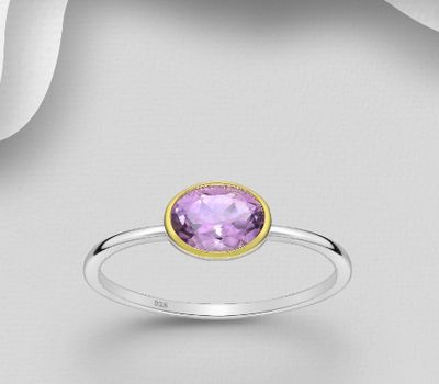 Desire by 7K - 925 Sterling Silver Solitaire Ring, Decorated with Amethyst, Bezel Plated with 0.3 Micron 18K Yellow Gold