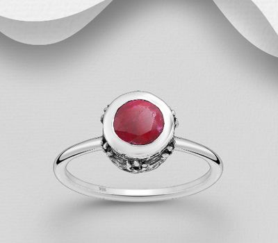 Desire by 7K - 925 Sterling Silver Oxidized Solitaire Ring, Decorated with Ruby