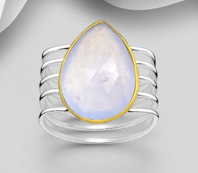 Desire by 7K - 925 Sterling Silver Droplet Solitaire Ring, Decorated with Light Chalcedony Jade, Bezel Plated with 0.3 Micron 18K Yellow Gold