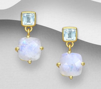 Desire by 7K - 925 Sterling Silver Push-Back Earrings, Decorated with Rainbow Moonstone and Sky-Blue Topaz, Plated with 0.3 Micron 18K Yellow Gold