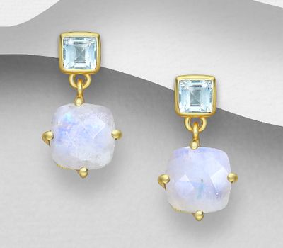 Şəkli böyütmək üçün tiklayın Desire by 7K - 925 Sterling Silver Push-Back Earrings, Decorated with Rainbow Moonstone and Sky-Blue Topaz, Plated with 0.3 Micron 18K Yellow Gold