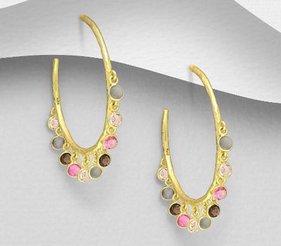 Desire by 7K - 925 Sterling Silver Push-Back Earrings, Decorated with Grey Moonstone, Clear Quartz, Lab-Created Pink Tourmaline and Smoky Quartz, Plated with 0.3 Micron 18K Yellow Gold
