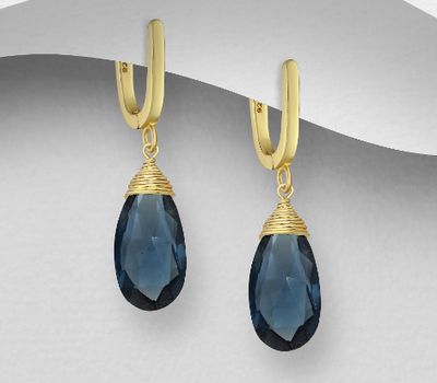 Desire by 7K - 925 Sterling Silver Droplet Push-Back Earrings, Beaded with Lab-Create Iolite Plated with 0.3 Micron 18K Yellow Gold