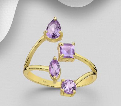 Desire by 7K - 925 Sterling Silver Adjustable Ring, Decorated with Amethyst, Plated with 0.3 Micron 18K Yellow Gold