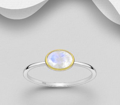Desire by 7K - 925 Sterling Silver Solitaire Ring, Decorated with Rainbow Moonstone, Bezel Plated with 0.3 Micron 18K Yellow Gold
