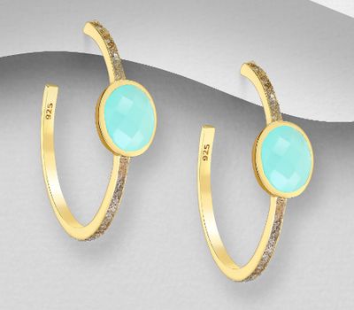 Desire by 7K - 925 Sterling Silver Push-Back Earrings, Decorated with Lab-Created Aqua Chalcedony and Labradorite, Plated with 0.3 Micron 18K Yellow Gold