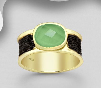 Desire by 7K - 925 Sterling Silver Oxidized Solitaire Ring, Decorated with Prehnite, Plated with 0.3 Micron 18K Yellow Gold