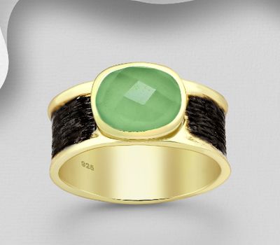 Şəkli böyütmək üçün tiklayın Desire by 7K - 925 Sterling Silver Oxidized Solitaire Ring, Decorated with Prehnite, Plated with 0.3 Micron 18K Yellow Gold
